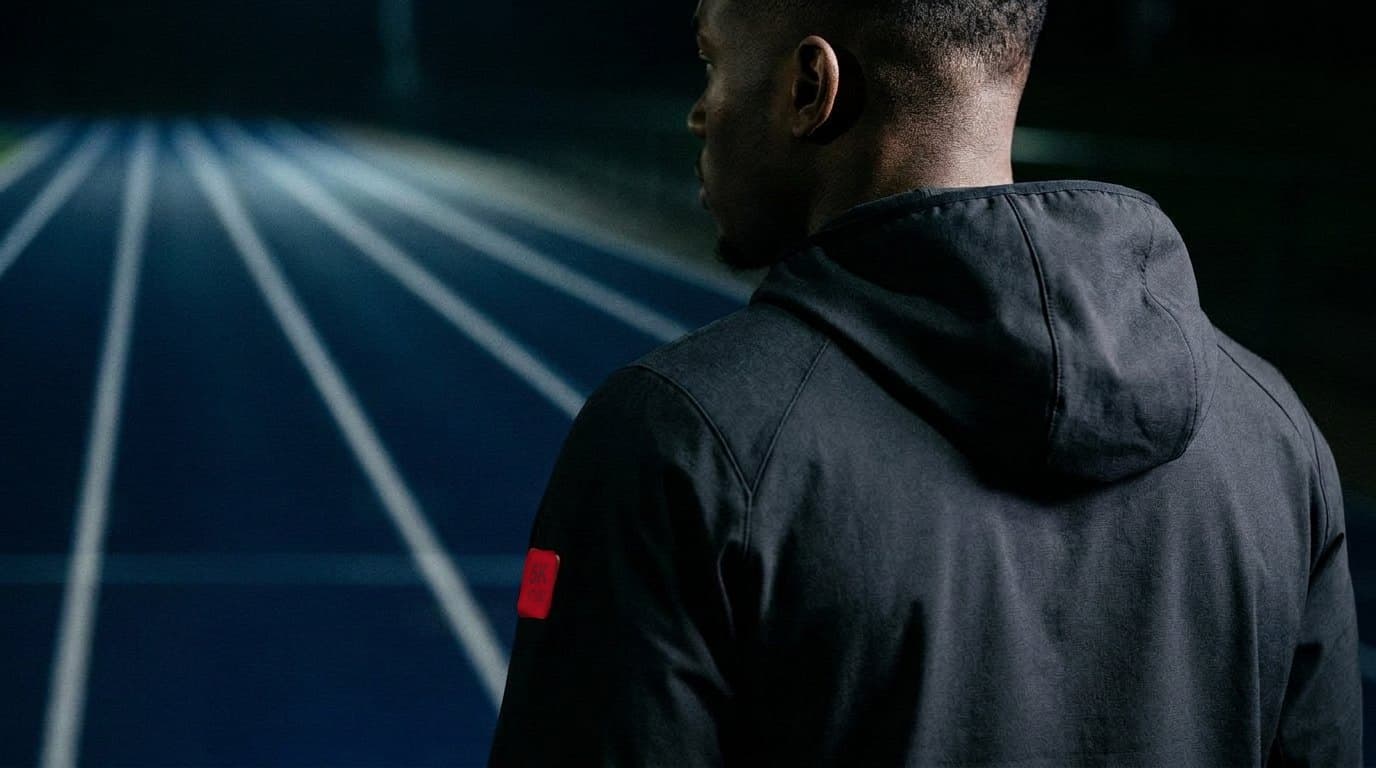 An athlete from behind on the night track, the patch on the left sleeve of the jacket