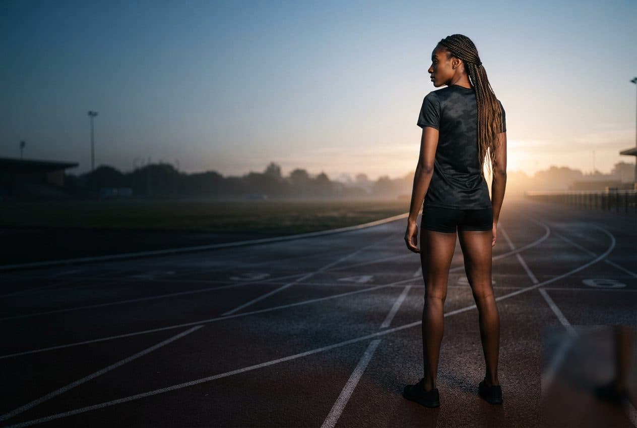 An athlete on an empty track at first light, looking down the lane