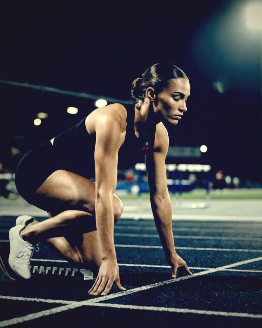 An athlete set in the starting blocks on the night track, eyes down the lane, in the Finisher tank